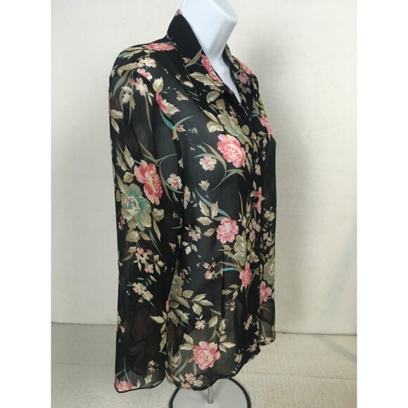 Notation Top Women Size L Black w Pink Blue Flowers Button Down Sheer Blouse - Picture 2 of 11